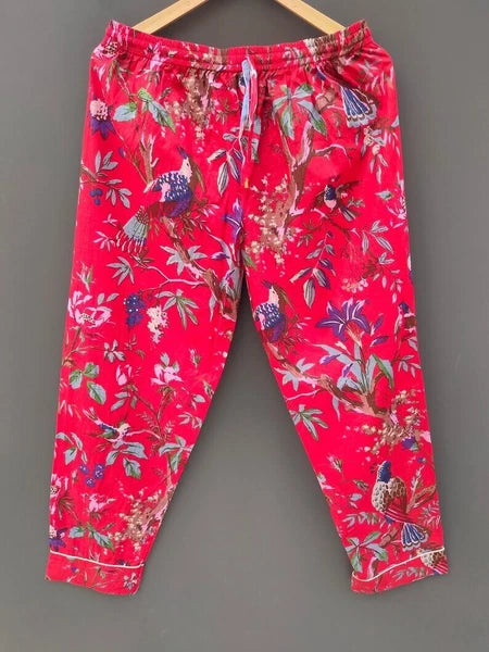 Indian Red Bird Print 100% Cotton Pajama Set Bridesmaid PJ Set Loose Clothing US