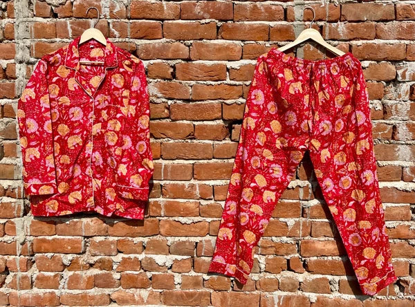 Indian Cotton Red Floral PJ Set Bridesmaid Pajama Set Women Nightwear Suit US
