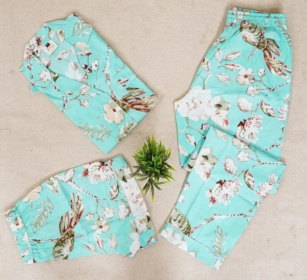 Indian Cotton Green Birds PJ Set Bridesmaid Pajama Set Women Nightwear Suits US