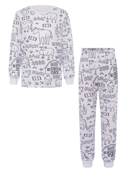 Kids Pajama Sets Hand-Painted Long Sleeve Top Elastic Waist Pants Home Sleepwear