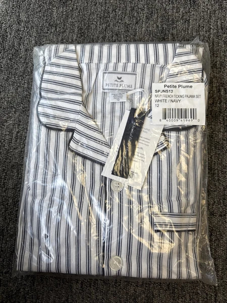 Petite Plume Kid's Twill Pajama Set in Navy French Ticking NWT MSRP $58 Sz 12