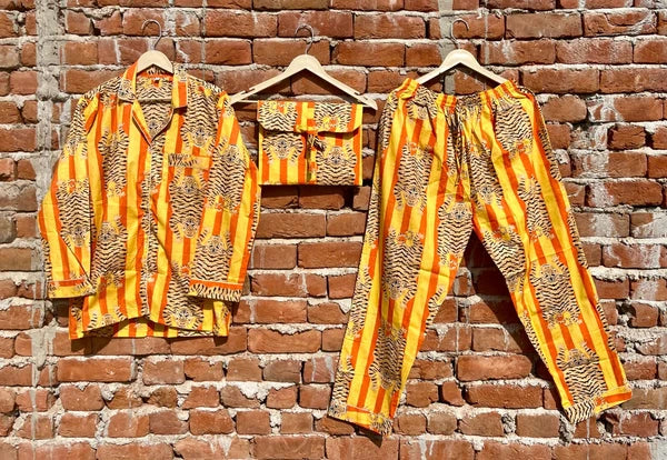 Indian Cotton Yellow Tiger PJ Set Bridesmaid Pajama Set Women Nightwear Suit US