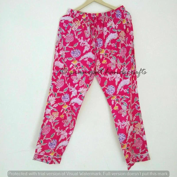 Indian Floral Printed Hippie Cotton Pink Women Gypsy Top-Pajama set Sleepwear