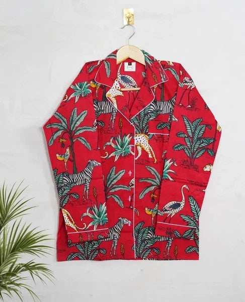 Indian Cotton Red Tiger PJ Set Bridesmaid Pajama Set Women Nightwear Suits US