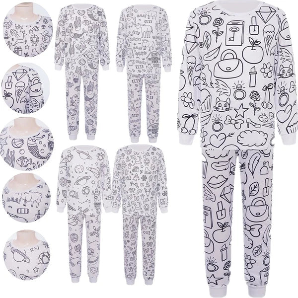 Kids Pajama Sets Hand-Painted Long Sleeve Top Elastic Waist Pants Home Sleepwear