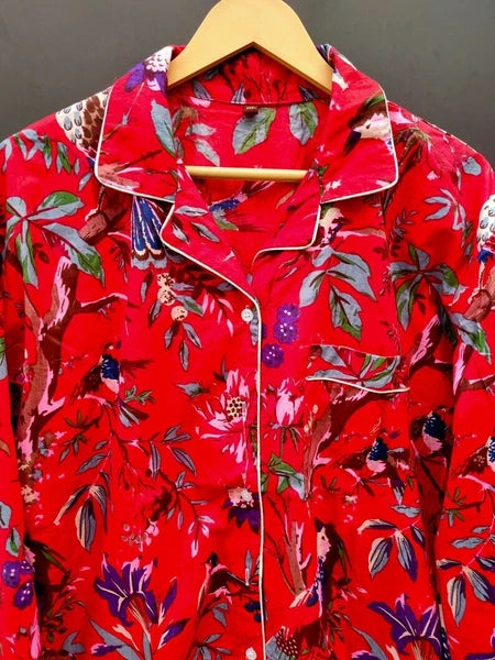 Indian Red Bird Print 100% Cotton Pajama Set Bridesmaid PJ Set Loose Clothing US
