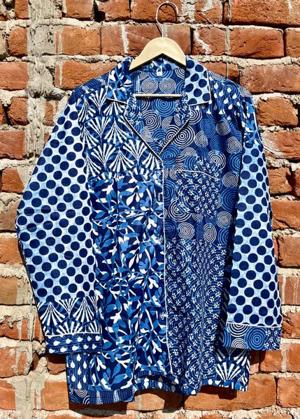 Indian Cotton Blue Patchwork PJ Set Bridesmaid Pajama Set Women Nightwear Suits