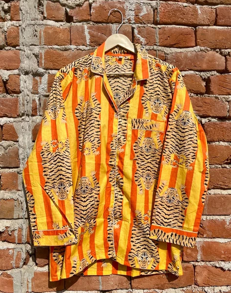 Indian Cotton Yellow Tiger PJ Set Bridesmaid Pajama Set Women Nightwear Suit US