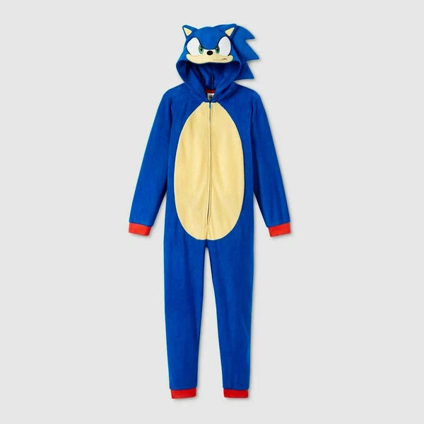 Boys Sonic the Hedgehog One Piece Pajamas Hoodie Union Suit Costume 4 6 8 10 NWT