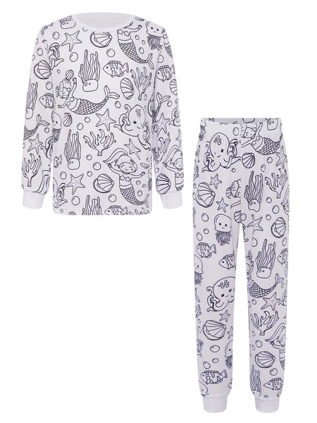 Kids Pajama Sets Hand-Painted Long Sleeve Top Elastic Waist Pants Home Sleepwear