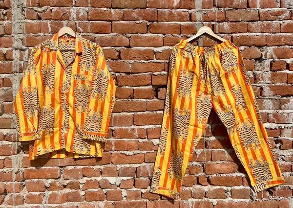 Indian Cotton Yellow Tiger PJ Set Bridesmaid Pajama Set Women Nightwear Suit US