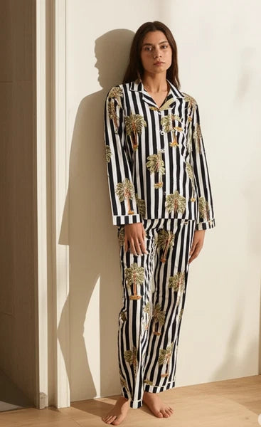 Indian Cotton Black Striped PJ Set Bridesmaid Pajama Set Women Nightwear Suit US