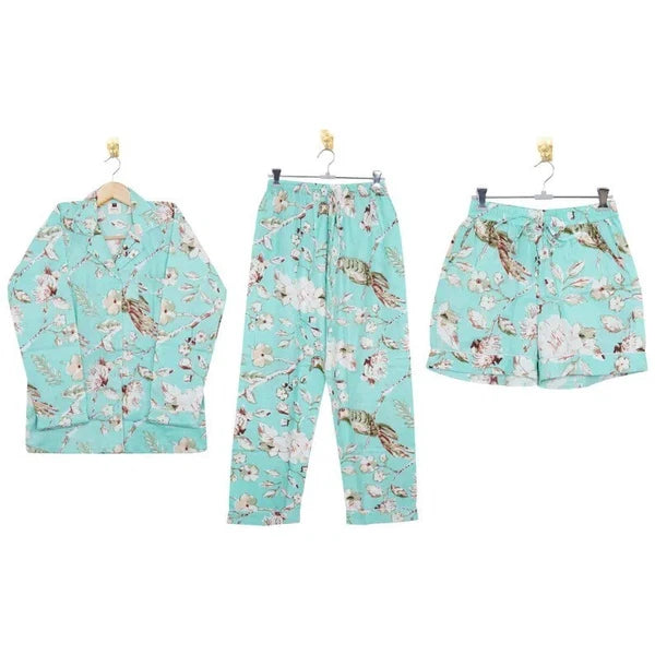 Indian Cotton Green Birds PJ Set Bridesmaid Pajama Set Women Nightwear Suits US