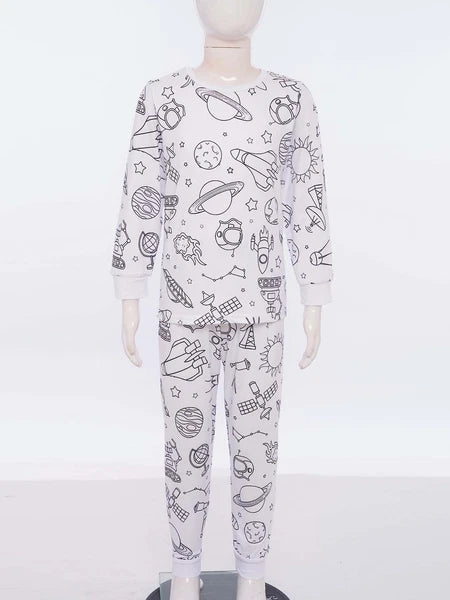 Kids Pajama Sets Hand-Painted Long Sleeve Top Elastic Waist Pants Home Sleepwear