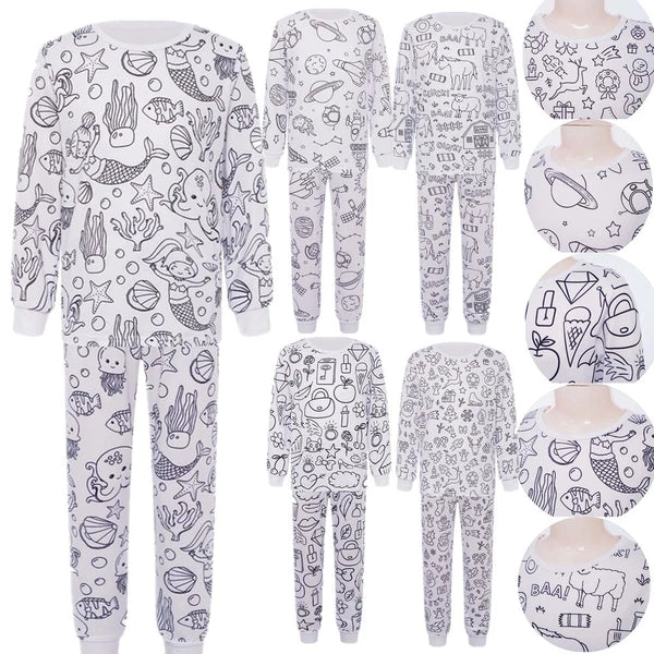 Kids Pajama Sets Hand-Painted Long Sleeve Top Elastic Waist Pants Home Sleepwear