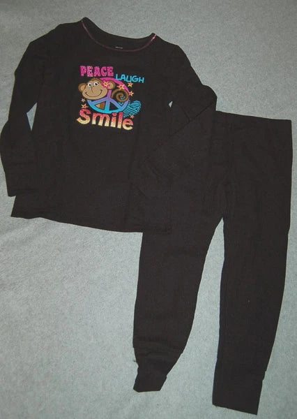Girls Pajamas Set BLACK Long Underwear MONKEY PEACE SIGN Laugh Smile XS S M L