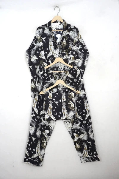 Indian Cotton Black Jungle Women Floral PJ Set Sleepwear Pajama Set Nightwear