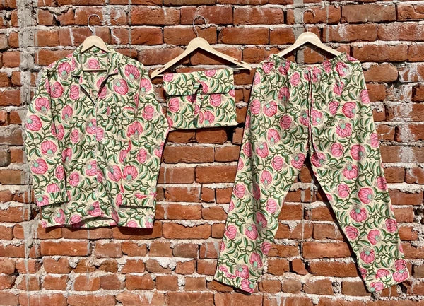 Indian Cotton Beige Floral PJ Set Bridesmaid Pajama Set Women Nightwear Suit US