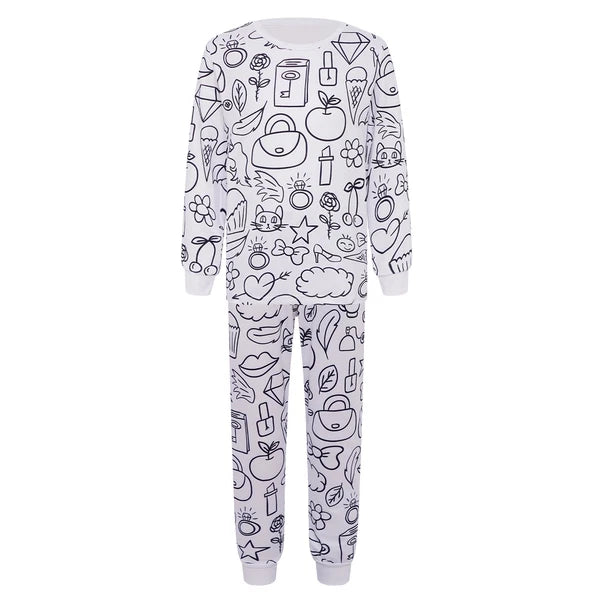 Kids Pajama Sets Hand-Painted Long Sleeve Top Elastic Waist Pants Home Sleepwear