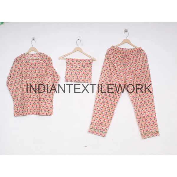 Indian Cotton Pajama Set Floral Print Home Wear Dress Morning Yoga Cotton PJ Set