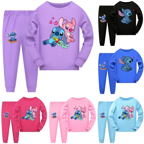 Girl Lilo Embroidered Long Sleeve T-shirt Pajama Set Casual Top Pants Set