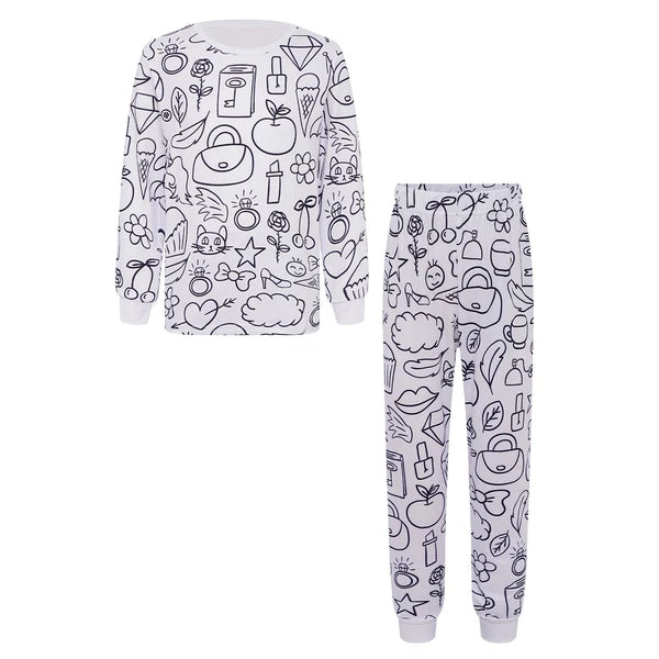 Kids Pajama Sets Hand-Painted Long Sleeve Top Elastic Waist Pants Home Sleepwear
