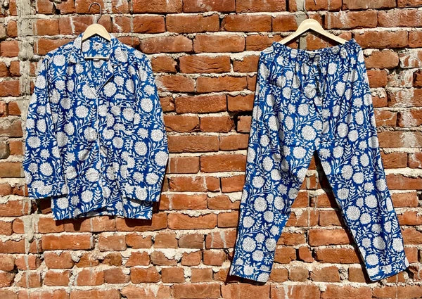 Indian Cotton Blue Floral PJ Set Bridesmaid Pajama Set Women Nightwear Suit US