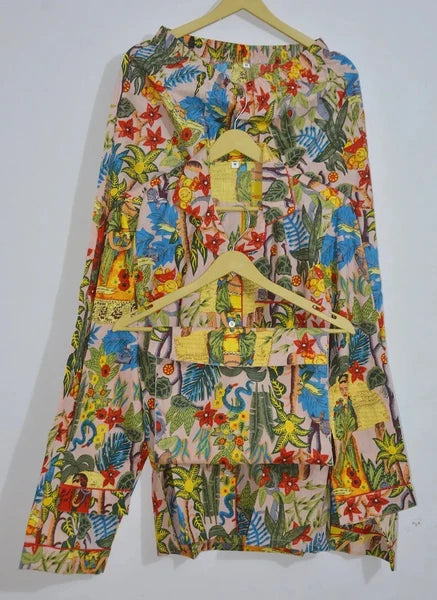 Women's Cotton Pj Set Baby Pink Frida Tree Palazzo Set Pyjamas Nightie Sleepwear