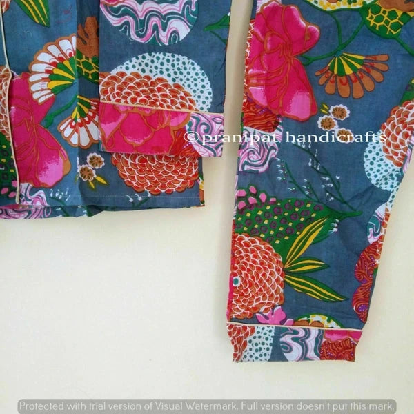 Indian Tropical Print Cotton Grey Hippie Women Gypsy Sleepwear Boho Pajama set