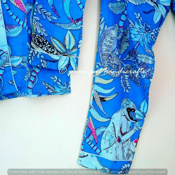 Indian Monkey Printed Cotton Turquoise Blue Women Gypsy Top-Pajama set Sleepwear