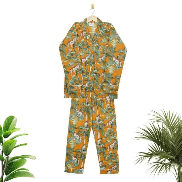 Indian Cotton Yellow Tree PJ Set Bridesmaid Pajama Set Women Nightwear Suits US