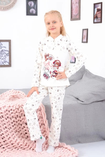 Girls’ Warm Brushed Pajama Set – Button Neck & Cute Print, , Demi-season,  No...