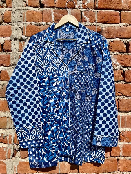 Indian Cotton Blue Patchwork PJ Set Bridesmaid Pajama Set Women Nightwear Suits