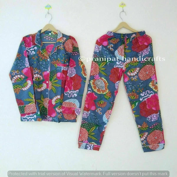 Indian Tropical Print Cotton Grey Hippie Women Gypsy Sleepwear Boho Pajama set