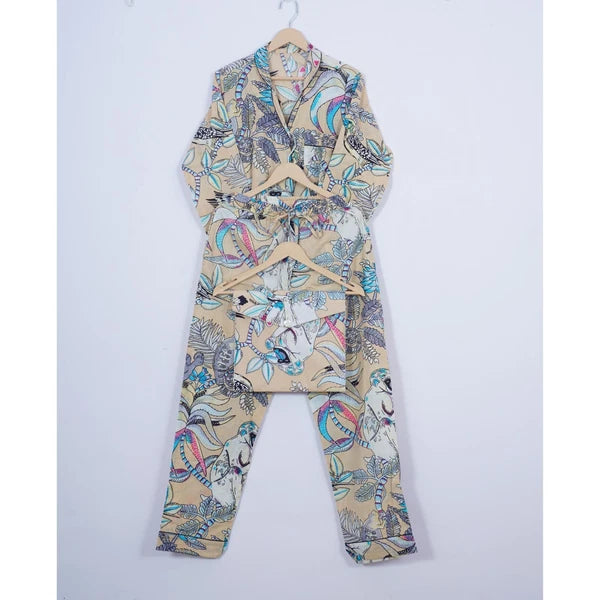 Indian Cotton Pajama Set Hand Block Monkey Print Women Yoga Wear Dress ITW-54