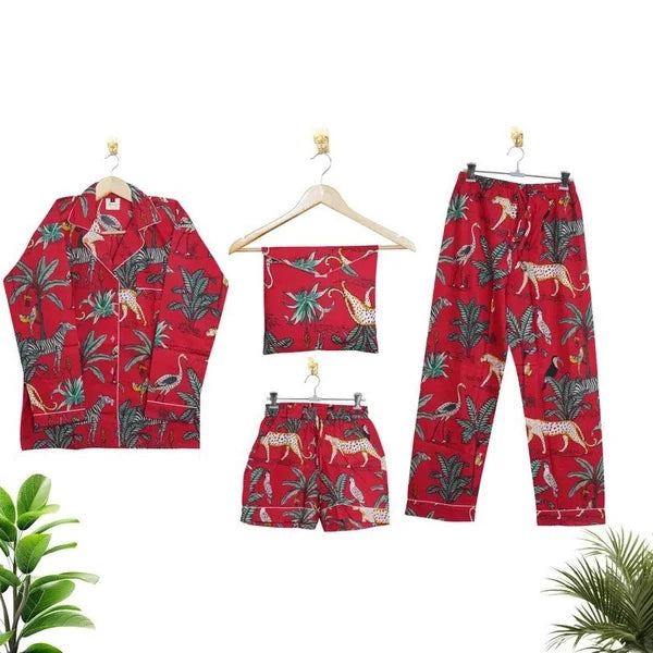 Indian Cotton Red Tiger PJ Set Bridesmaid Pajama Set Women Nightwear Suits US