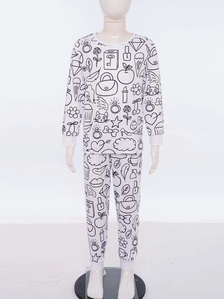 Kids Pajama Sets Hand-Painted Long Sleeve Top Elastic Waist Pants Home Sleepwear