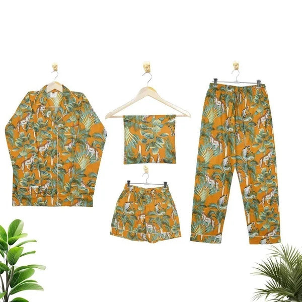 Indian Cotton Yellow Tree PJ Set Bridesmaid Pajama Set Women Nightwear Suits US