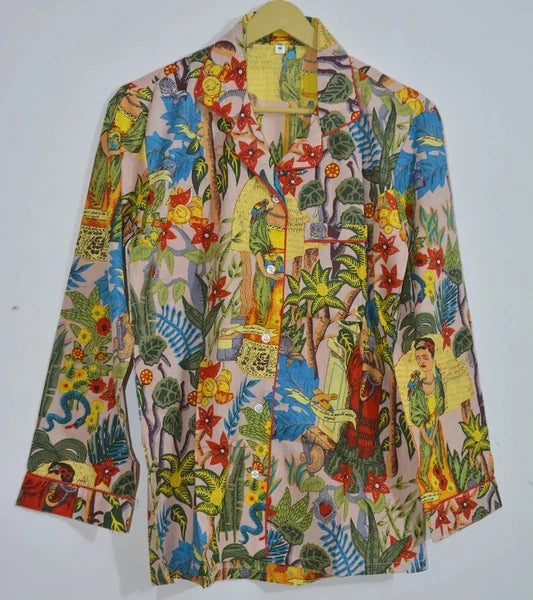 Women's Cotton Pj Set Baby Pink Frida Tree Palazzo Set Pyjamas Nightie Sleepwear