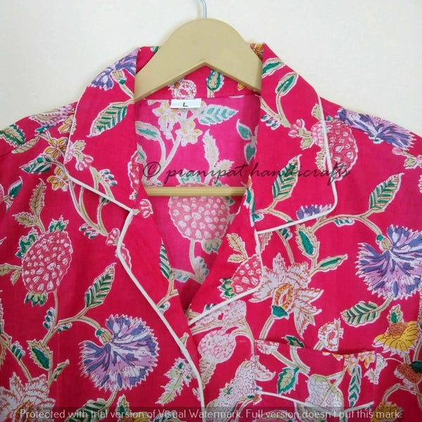 Indian Floral Printed Hippie Cotton Pink Women Gypsy Top-Pajama set Sleepwear