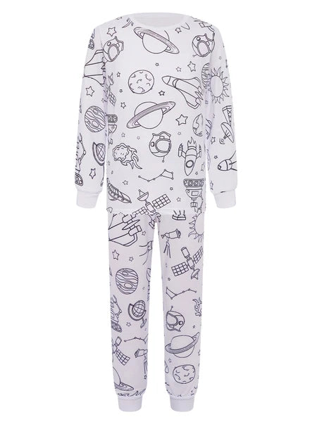 Kids Pajama Sets Hand-Painted Long Sleeve Top Elastic Waist Pants Home Sleepwear
