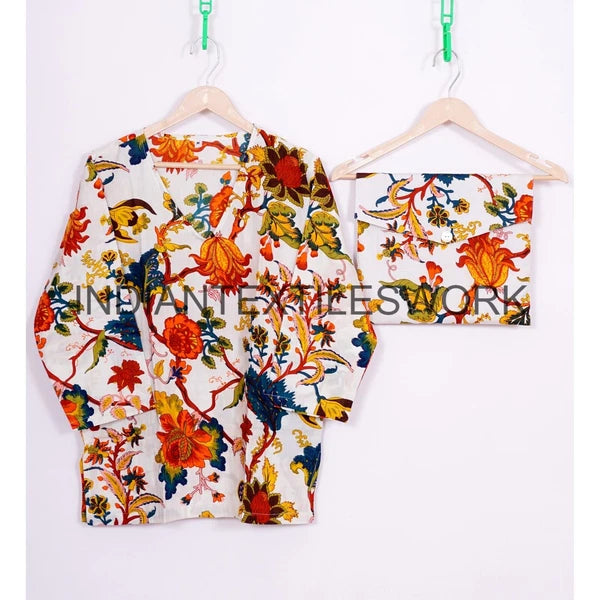 Indian Cotton Pajama Set Flower Print Sleepwear PJ Set Night Suit Women Dress