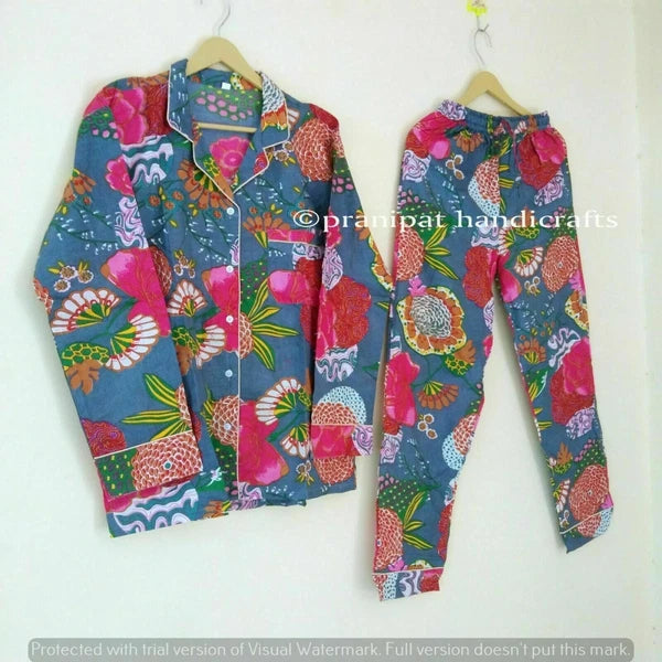Indian Tropical Print Cotton Grey Hippie Women Gypsy Sleepwear Boho Pajama set