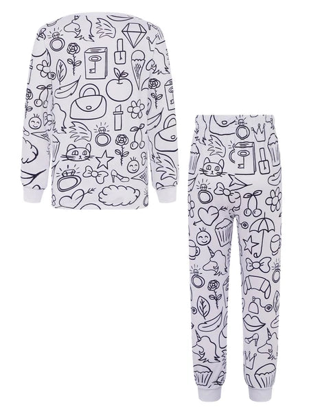 Kids Pajama Sets Hand-Painted Long Sleeve Top Elastic Waist Pants Home Sleepwear