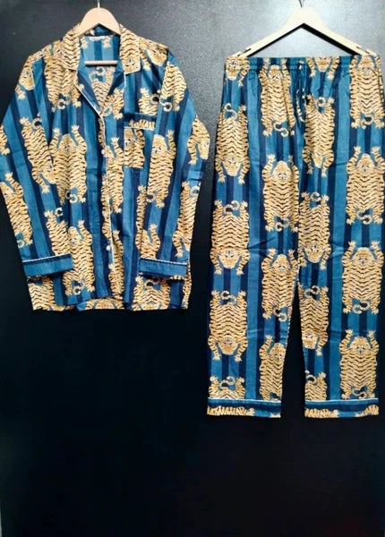 Indian Cotton Pajama Set Tiger Stripe Print Bridesmaid PJ Set Loose Clothing US