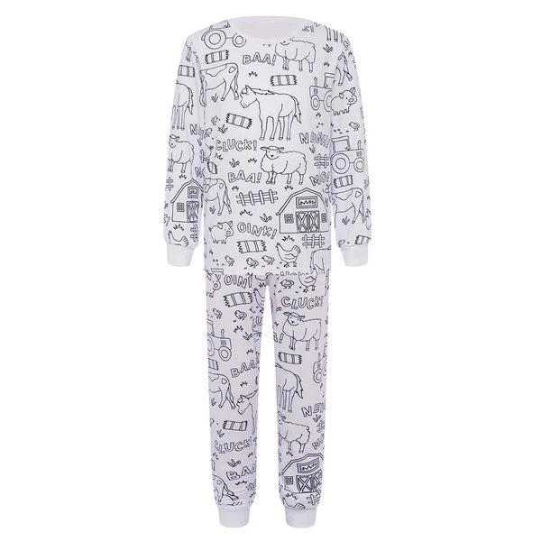 Kids Pajama Sets Hand-Painted Long Sleeve Top Elastic Waist Pants Home Sleepwear