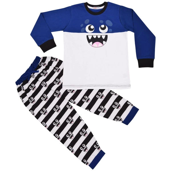 Girls Boys Cute Monster Royal Blue Pyjamas PJs 2 Piece Cotton Set Nightwear Yr