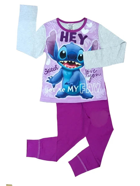 Girls Lilo & Stitch Pyjamas PJs 4-13 Years Purple Grey Pink Long Sleeved Trouser