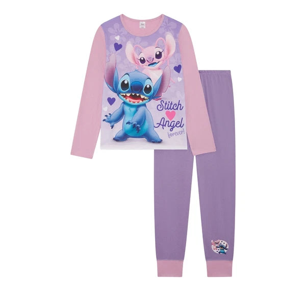 Girls Lilo & Stitch Pyjamas PJs 4-13 Years Purple Grey Pink Long Sleeved Trouser
