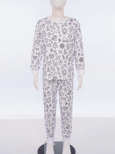 Kids Pajama Sets Hand-Painted Long Sleeve Top Elastic Waist Pants Home Sleepwear